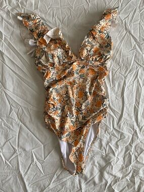 Amazon Women's One-Piece Tummy Control Swimsuit in Cream with Orange Floral